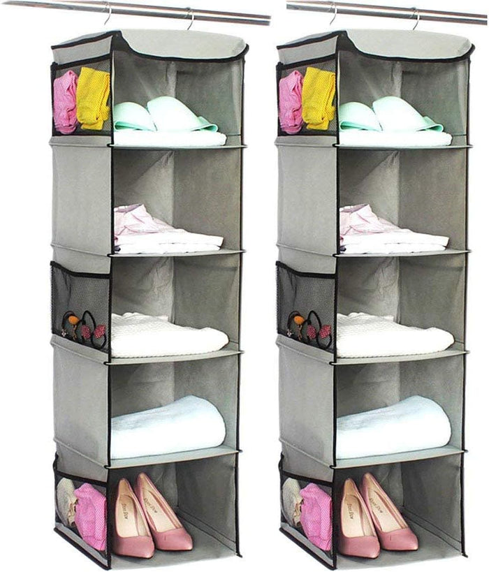 2 Pack Hanging Closet Organizer, 5 Shelves Hanging Storage with 6 Side Pockets for Clothes Shoes, 43"x12"x12"(Black)