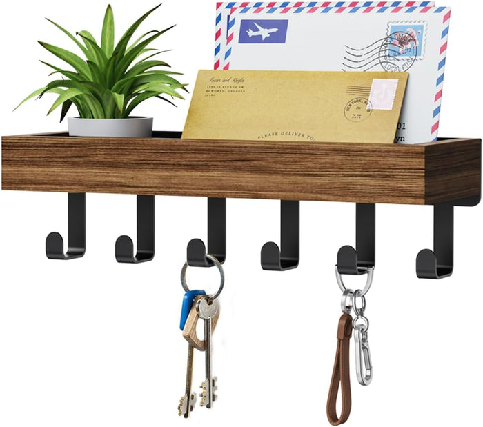 Key Holder Wall Mount Adhesive Magnetic - Hanging Key Hooks with Mail Organizer Tray for Wallet House - Keys Hanger Rack with Shelf for Camper Entryway Door Home Living Room Decor Large Rustic