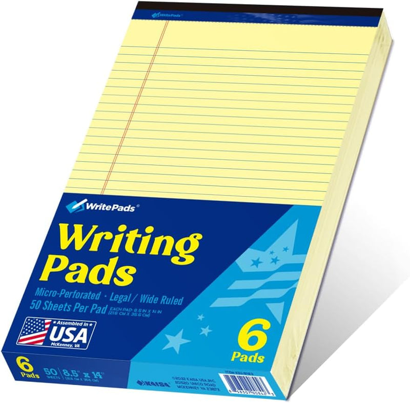 Legal Pad 8.5 x 11 Note Pad, Wide Ruled Writing Pad, White Paper, 6-Pack, 50 Sheets Per Pad, Micro-Perforated Notepad, Office Supplies (KSU-8331) - Made in the USA