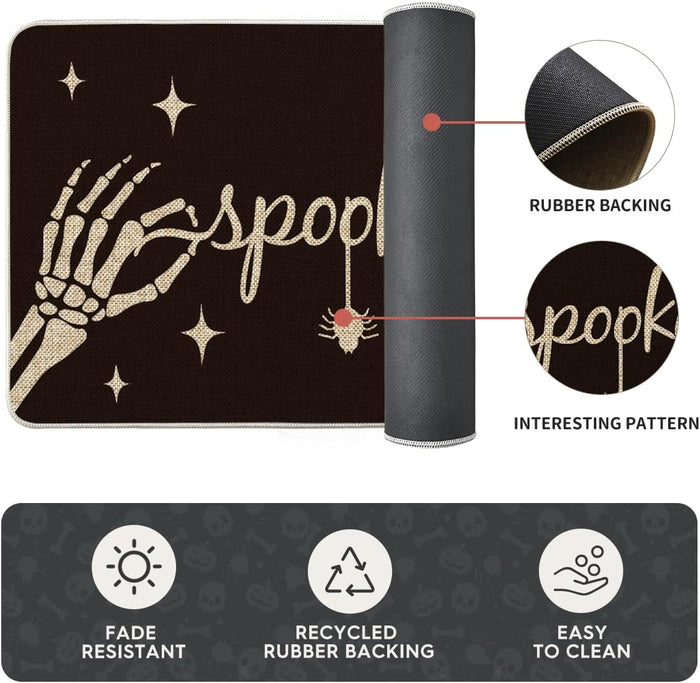 Artoid Mode Spooky Skeleton Spider Bone Black Halloween Kitchen Mats Set of 2, Black Home Decor Low-Profile Kitchen Rugs for Floor - 17x29 and 17x47 Inch
