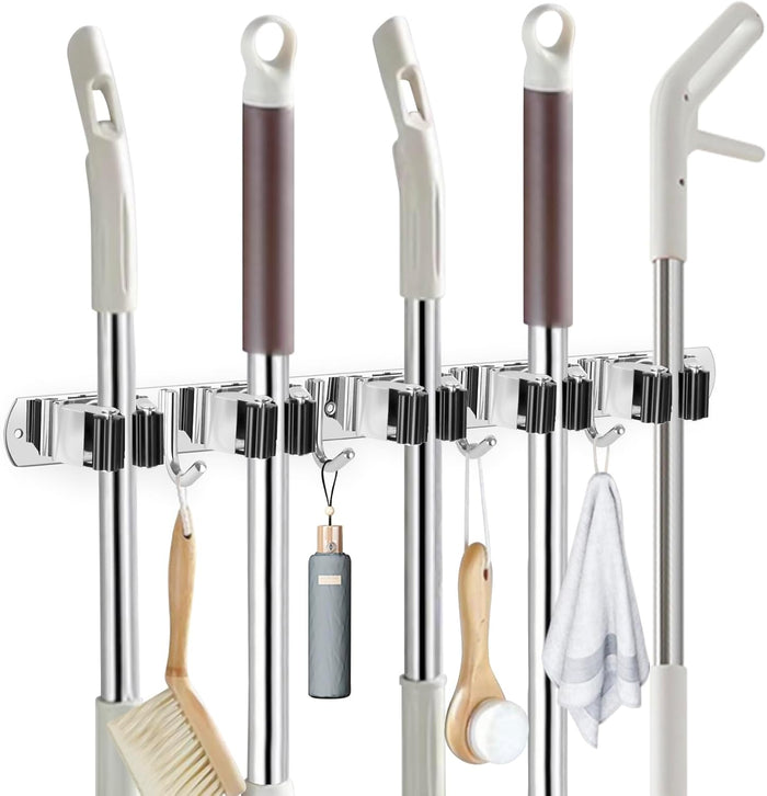 IMILLET 2 Pack Wall Mount Broom Holder Stainless Steel 5 Racks with 4 Hooks Broom Organizer Self Adhesive Heavy Duty Laundry Room, Garage Organization Storage