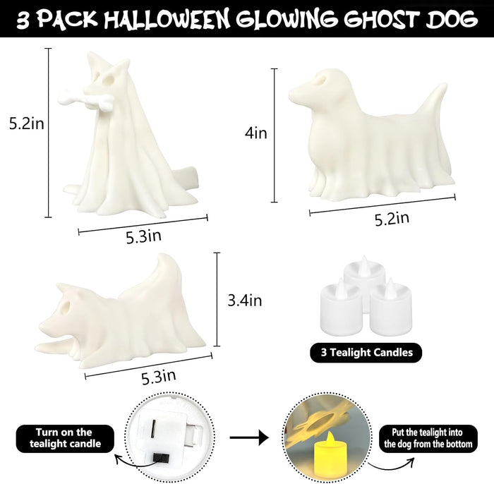 Light-Up Halloween Decorations, Set of 3 Draped Ghost Dog Figurines, Spooky Halloween Decorations Indoor, Ghost Decor for Home Party Display