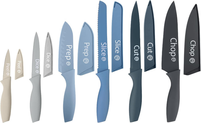 MasterChef Knife Set with Block, 6 Kitchen Knives and a Universal Knife Holder, Extra Sharp Stainless Steel Blades for Precise Cutting with Non Stick Coating & Soft Touch Easy Grip Handles, Black