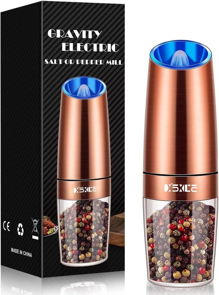 XinXu Gravity Electric Pepper and Salt Grinder Set, Adjustable Coarseness, with LED Light, One Hand Automatic Operation (Set/Silver X)