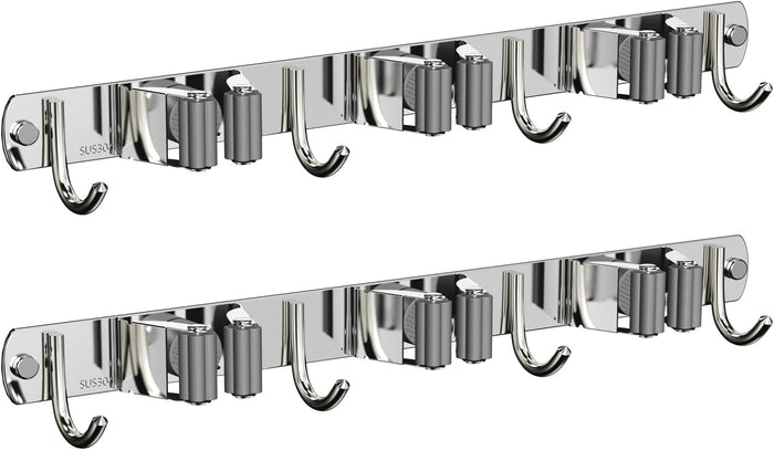 Mop and Broom Holder Wall Mount, Upgraded Broom Organizer Wall Mount, Stainless Steel Broom Hanger Wall Mount for Home Kitchen Garden Laundry Garage (3 Racks with 4 Hooks)
