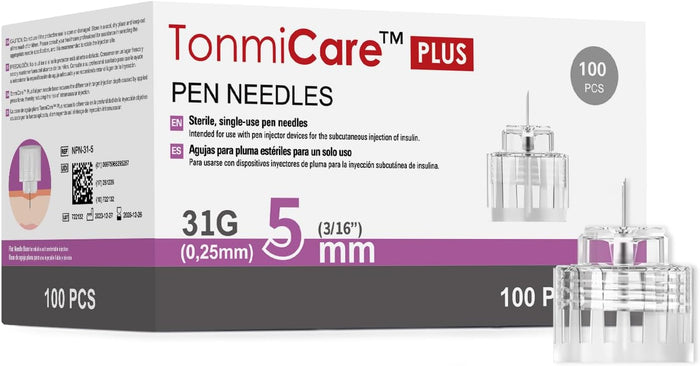Plus Pen Needles 31g 5mm, Flat Pen Needle Base for Comfortable Insulin Injection, Compatible with Most Diabetes Pens and Injection Devices, 100 pcs/Box (3/16'')