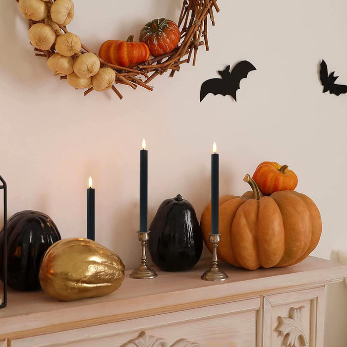 Black Flameless Taper Candles with Remote - 10 Inch LED Candlesticks Flickering, Realistic 3D Flame with Wick, Warm White Light, Home Halloween Decor, Automatic Timer - Set of 6