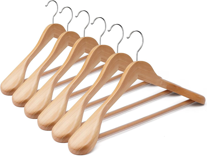 Suit Hangers 6 Pack Wooden Hangers,Heavy Duty Coat Hangers,Wide Shoulder Hangers with Non Slip Pants Holder,Suit Hangers for Men for Women,for Suit,Coat,Jacket,Pants (Natural)