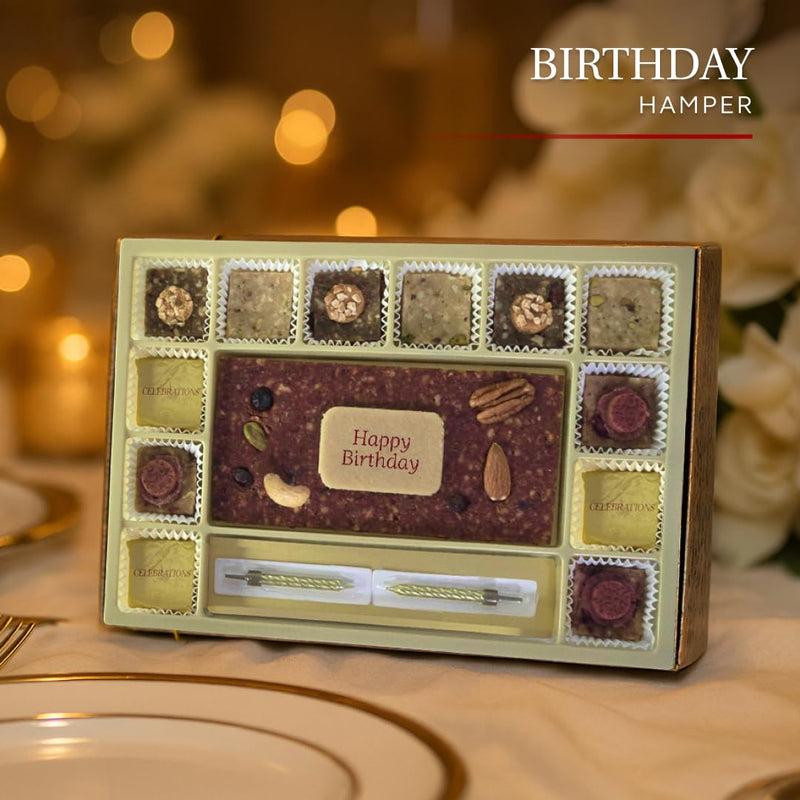 Laumiere Gourmet Fruits – Celebrations Collection – Birthday Hamper with Fruits & Nuts Cake, Treats and Candles- No Added Sugar – Gluten Free- Healthy