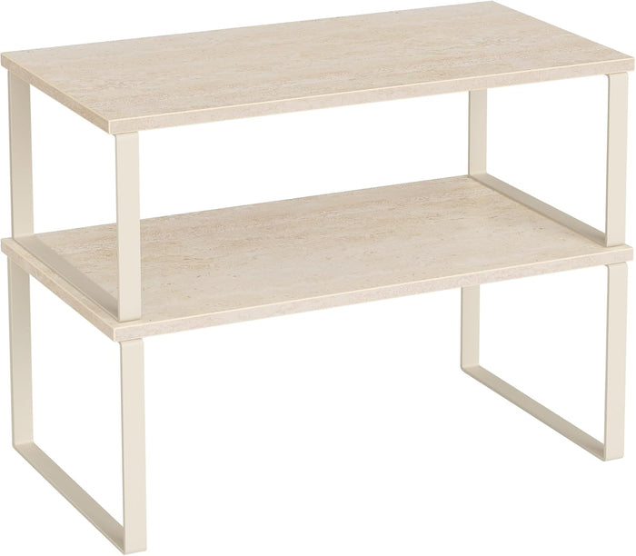 SONGMICS Cabinet Organizer Shelf, Set of 2 Kitchen Counter Shelves, Kitchen Storage, Spice Rack, Stackable, Expandable, Metal and Engineered Wood, Ink Black and Natural Beige UKCS02NB