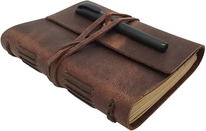 Leather Journal Writing Notebook - Genuine Leather Bound Daily Notepad for Men & Women Lined Paper 240 Kraft Pages, Handmade, Rustic Brown, 5 x 7 in