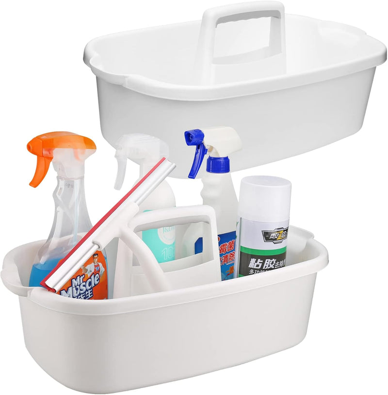 Cleaning Supplies Caddy, Household Tool Organizer with Handle, Portable Plastic Bucket for Shower Essentials Storage, White
