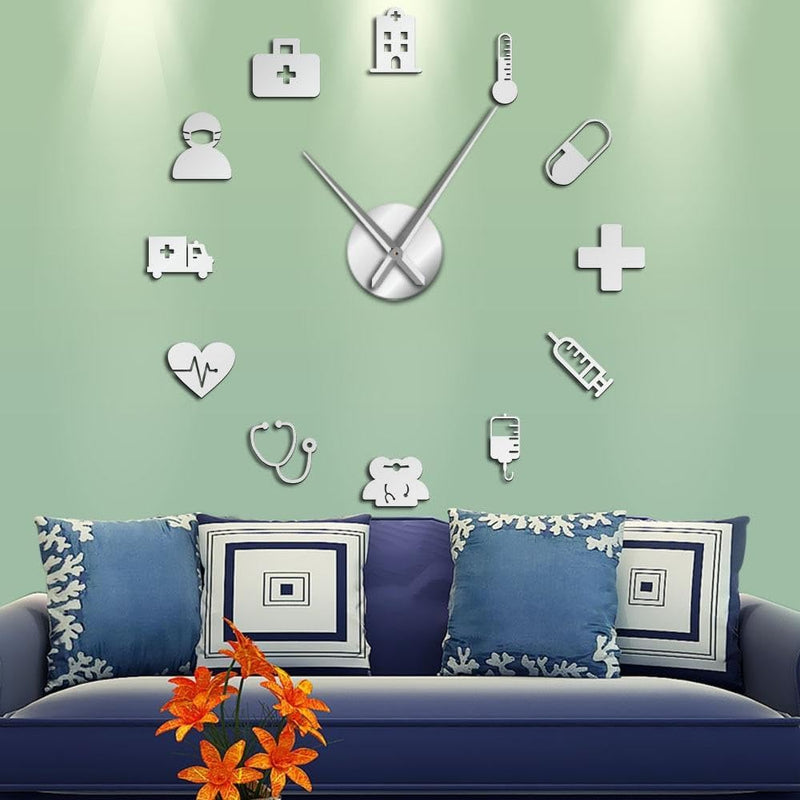 Medicine Heath Care Ambulance Medical Tools Large DIY Wall Clock Acrylic Mirror Effect Wall Stickers Hospital Clinic Decor Watch(Gold,27inch)