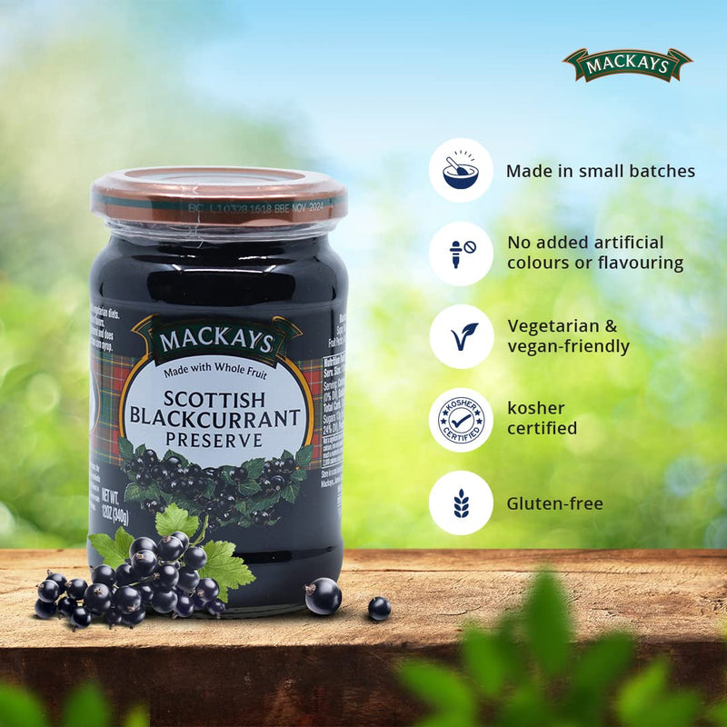 Mackays Scottish Blackcurrant Preserve Jam 340g (Pack of 2)| Imported from Scotland | Made with Whole Fruits | Vegan | Gluten-Free | No Artificial Colors or Preservatives