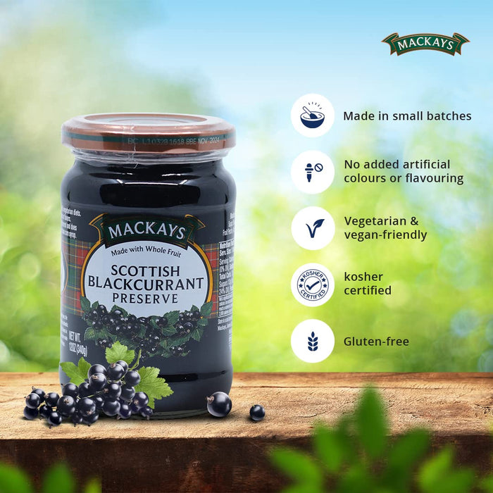 Mackays Scottish Blackcurrant Preserve Jam 340g (Pack of 2)| Imported from Scotland | Made with Whole Fruits | Vegan | Gluten-Free | No Artificial Colors or Preservatives