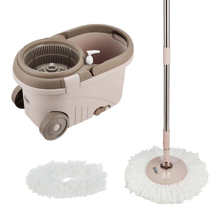 Amazon Brand - Presto! Elite Spin Mop with Steel Wringer and Auto-fold Handle, Chestnut, 2 Refills