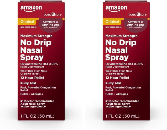 Amazon Basic Care No Drip Nasal Spray, 12 Hour Nasal Decongestant, Pump Mist, Oxymetazoline HCl, Cold and Allergy Nasal Spray, 1 fl oz (Pack of 1)