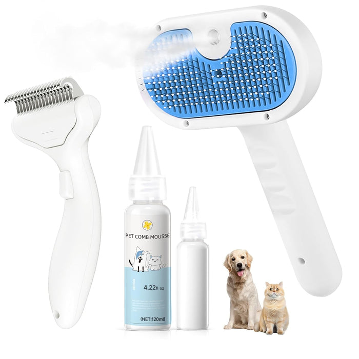 Pet Steam Brush for Dog & Cat - 3-in-1 Steam Grooming Brush for Shedding & Hair Removal - Self Cleaning Spray Comb with Mist for Long Haired Pets - Includes 1*Waterless Shampoo, Blue