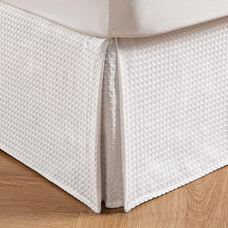 MIYE Pleated Waffle Weave Bed Skirt, Tailored Dust Ruffle 22 Inch Drop Easy Fit, Machine Washable (White, Full - 22" Drop)