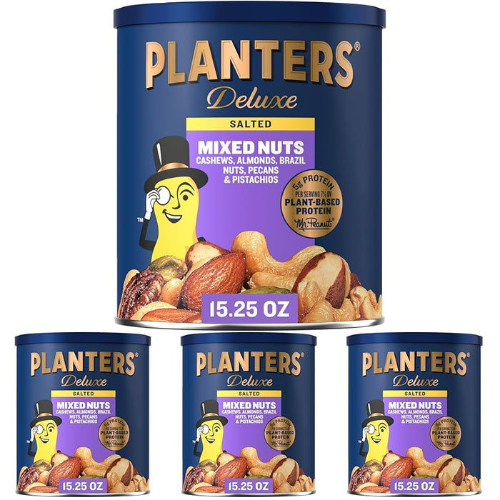 PLANTERS Deluxe Mixed Nuts, Cashews, Almonds, Brazil Nuts Mix, Pistachios, Pecans, Lightly Salted, Snacks for Adults and Kids, Party Snack, 15.25oz