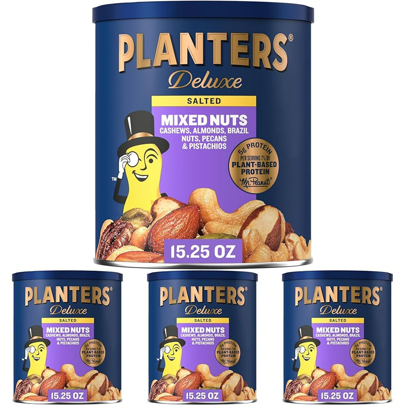 PLANTERS Deluxe Mixed Nuts, Cashews, Almonds, Brazil Nuts Mix, Pistachios, Pecans, Lightly Salted, Snacks for Adults and Kids, Party Snack, 15.25oz
