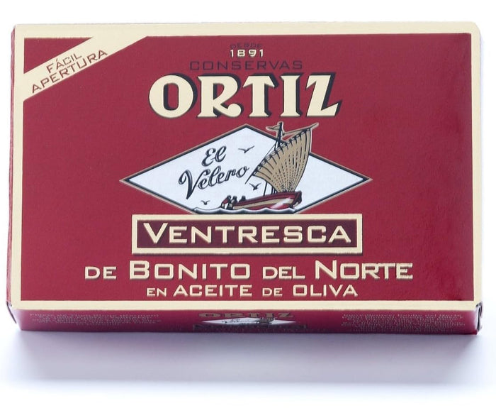 Ortiz Ventresca White Tuna Belly in Olive Oil, Tender Buttery Fillets with Exquisite Flavor, Superior Wild Caught Tuna Packed in Delicate Spanish Olive Oil, 3.88oz Can (Pack of 1)