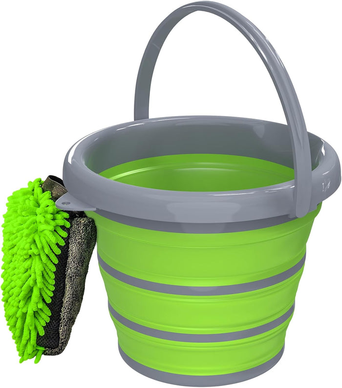 Collapsible Wash Bucket with Microfiber Mitt, 10L (2.6 Gallon) Portable Collapsiblle Buckett with Handle for Car Wash Household Cleaning, Multiuse Collapsibles Water Bucket and Car wash mitt - Grey