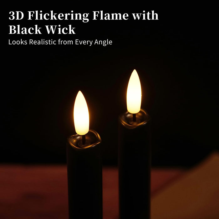 Black Flameless Taper Candles with Remote - 10 Inch LED Candlesticks Flickering, Realistic 3D Flame with Wick, Warm White Light, Home Halloween Decor, Automatic Timer - Set of 6