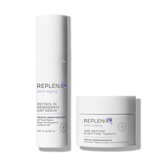 Replenix Anti-Aging Treatment Skin Care Bundle, Medical-Grade Set Includes Regenerate Retinol Dry Serum 5x (1 fl. oz) & Age Restore Nighttime Therapy Night Cream (1.7 oz)