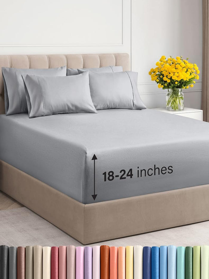 Extra Deep Full Sheet Set - 6 Piece Breathable & Cooling Sheets - Hotel Luxury Bed Sheets Set - Easy & Secure Fit - Soft, Wrinkle Free & Comfy Sheets Set - Light Grey Sheet Set with Extra Deep Pockets