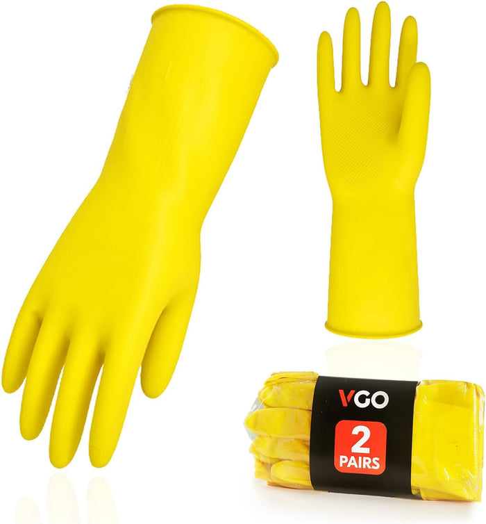 Vgo... 2-Pairs Reusable Household Gloves, Rubber Dishwashing gloves, Extra Thickness, Long Sleeves, Kitchen Cleaning, Working, Painting, Gardening, Pet Care (Size M, Green, HH4601)