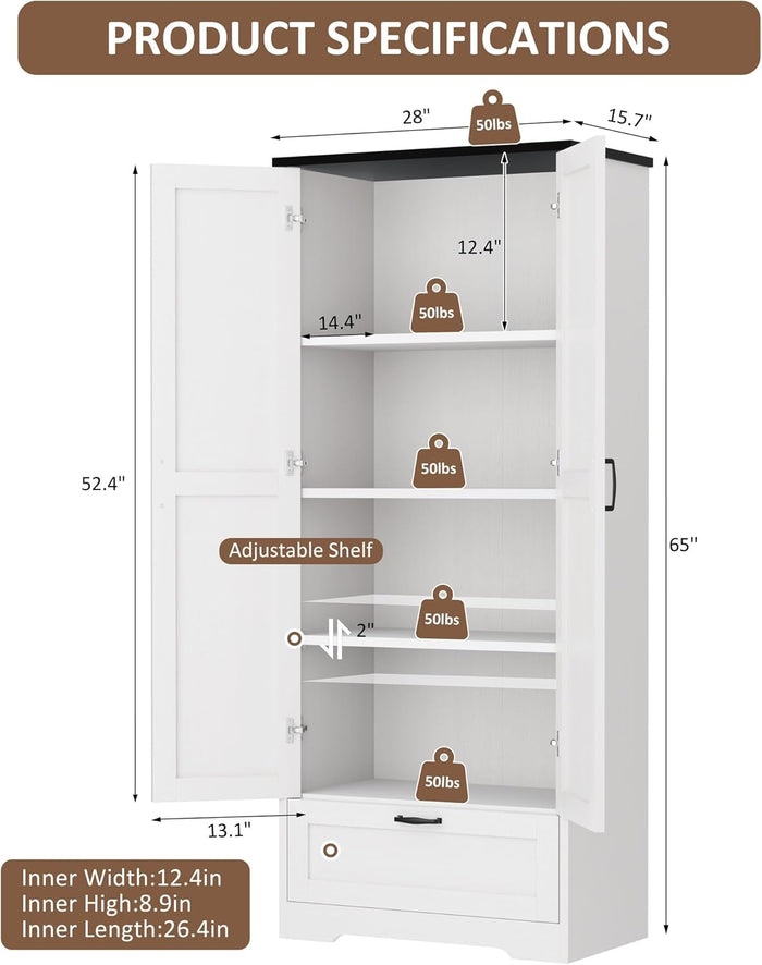 Vongrasig Kitchen Pantry Storage Cabinet with Barn Doors, Drawer and Adjustable Shelves, 4-Tier Tall Rustic Wood Cupboard Locker for Kitchen, Dining Room, Living Room, Bathroom, White