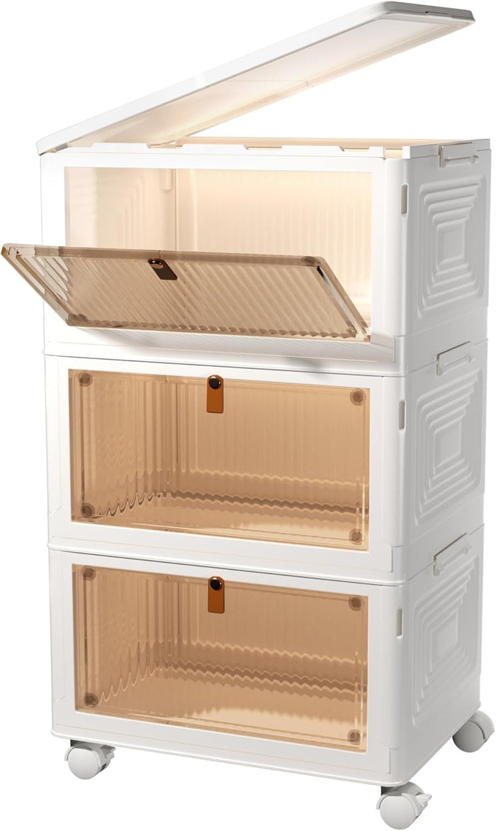 CTSNSLH 4 Tier Plastic Storage Bins and Boxes Organizer - Stackable with Lids for Bedroom, Living Room, Office - Foldable Containers