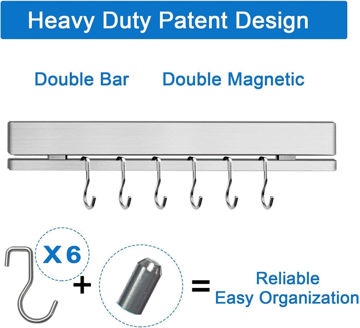 12 Inch Magnetic Knife Holder for Wall with 6 Hooks No Drill-Double Magnetic Bar Strong Adhesive Knife Magnetic Strip-Kitchen Utensil Hanger-304 Stainless Steel Magnetic Kitchen Knife Rack