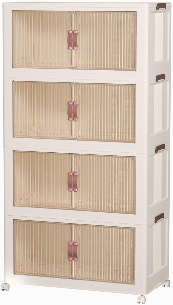 4 Tier Stackable Storage Bins with Lids, 28Qt Plastic Storage Containers with Magnetic Doors & Wheels, Convenient Storage Bins Closet Organizers, Household Organization for Home, Party, Office, Dorm