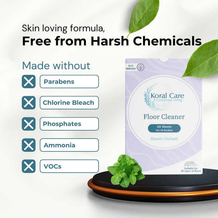 Koral Care Eco-Friendly Floor Cleaner Sheets|60 Sheets (= 2 Months)|Baby & Pet Friendly| Removes Hard Water Stains| Suitable for all surfaces -Marble, Wood etc|Free of Ammonia, Chlorine|Flower Orchard