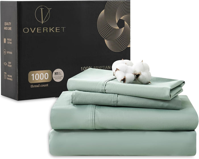 1000 Thread Count Egyptian Cotton Sheets Queen Size Set Sateen Weave Soft Breathable 16-Inch Deep Pocket 4PCS（Queen,Dusty Blue）