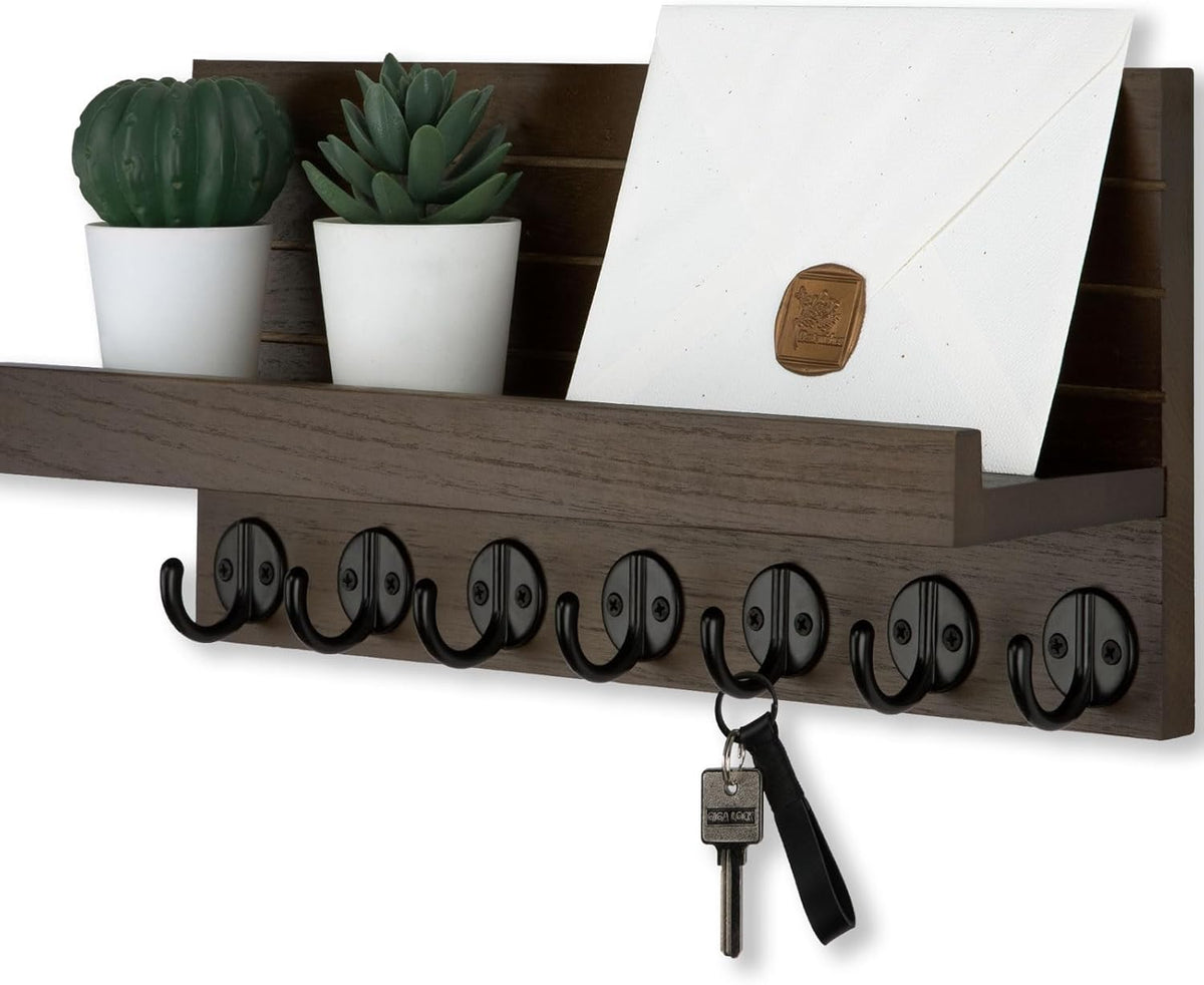 Key Holder Wall Mount, Entryway Key and Mail Holder with 7 Sturdy Hooks for Sunglasses, Dog Leash, Decorative Wall Shelf with Mounting Hardware, 15”W x 6.7”H x 4.2”D