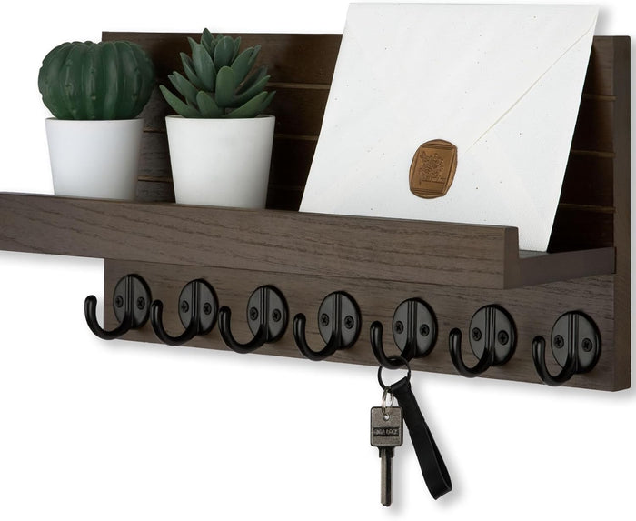 Key Holder Wall Mount, Entryway Key and Mail Holder with 7 Sturdy Hooks for Sunglasses, Dog Leash, Decorative Wall Shelf with Mounting Hardware, 15”W x 6.7”H x 4.2”D
