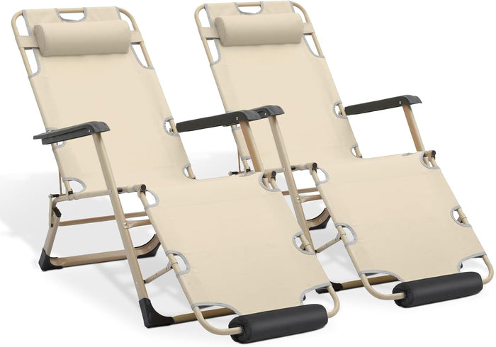 MoNiBloom Patio Lounge Chair Set of 2 Folding Lawn Lounger Outdoor Camp Reclining Chair with Adjustable Headrest for Garden Yard Pool Side, 330lbs Capacity