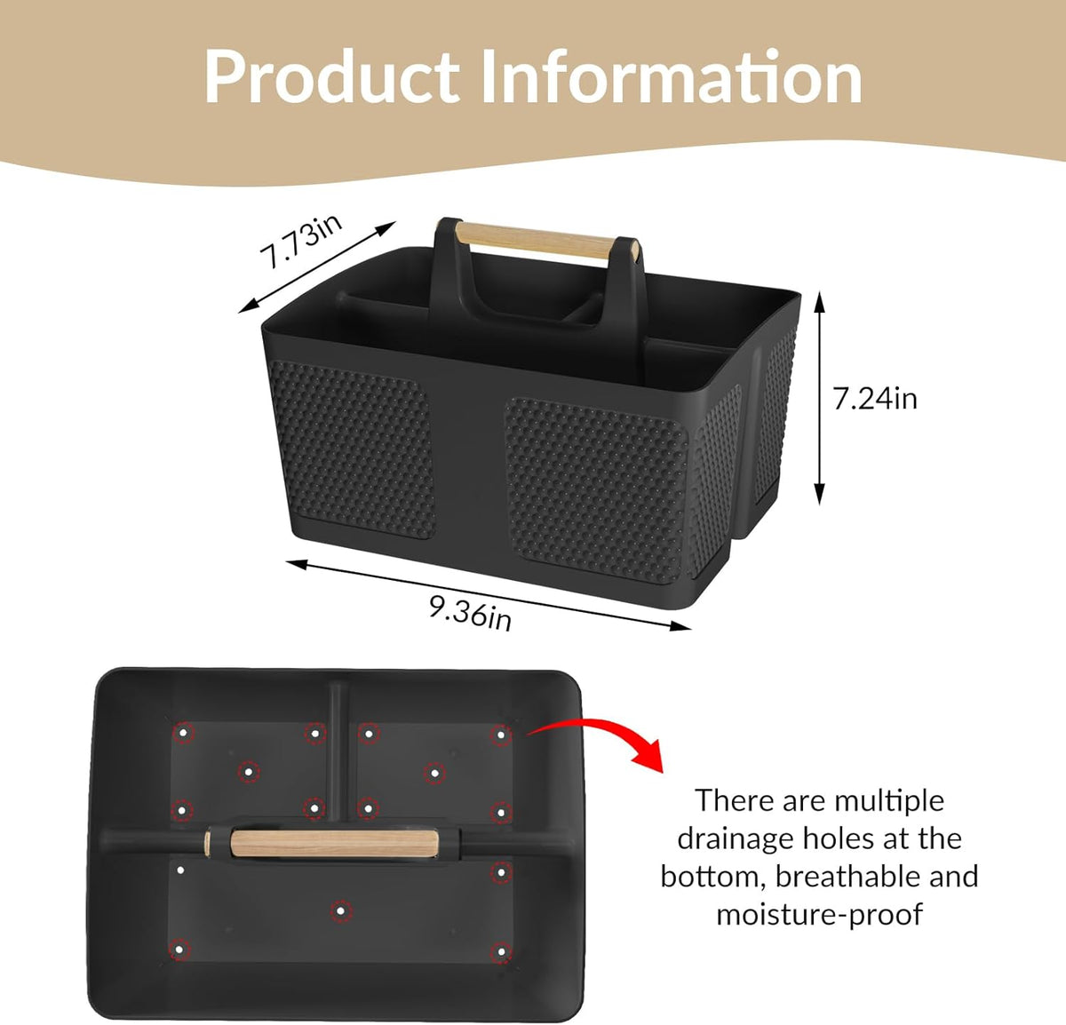 Shower Caddy Portable and Cleaning Caddy Organizer for Bathroom, Kitchen, Toiletries Storage ，Caddy organizer with handle, Rust-Resistant, Durable Material (Black, 9.36" L×7.73" W×7.24" H)