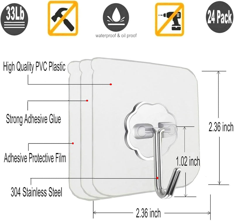 12 Pack Heavy Duty Self Adhesive Hooks - 33lb Max, Transparent, Waterproof, Sticky Wall Hooks for Keys, Bathroom, Shower, Outdoor, Kitchen, Door, Home Improvement, Utility