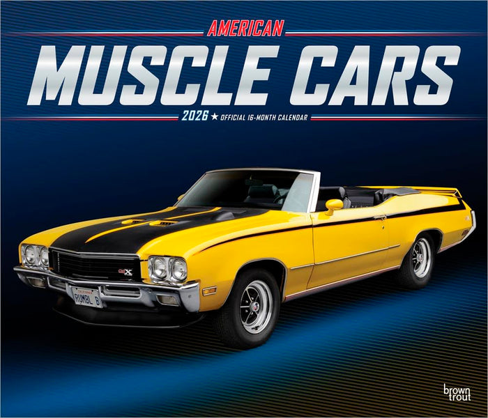 American Muscle Cars OFFICIAL | 2026 14 x 24 Inch (Hanging) Monthly Deluxe Wall Calendar | Foil Stamped Cover | Plastic-Free | BrownTrout | Racing Ford Chevrolet Chrysler Oldsmobile Pontiac