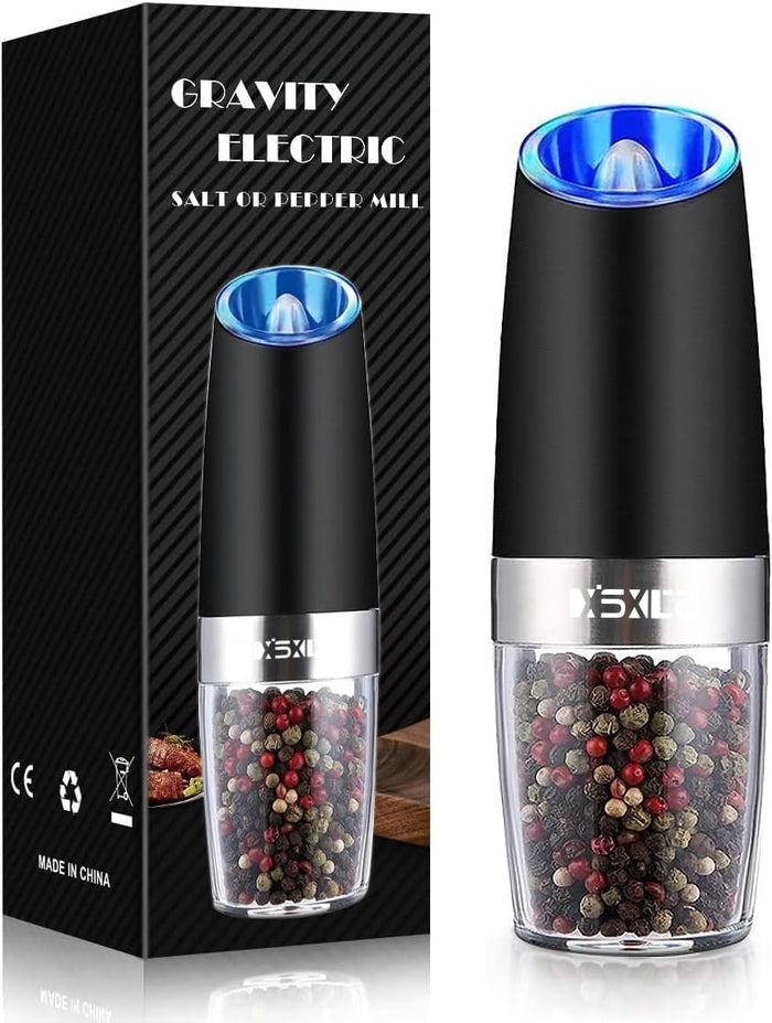 XinXu Gravity Electric Pepper and Salt Grinder Set, Adjustable Coarseness, Battery Powered with LED Light, One Hand Automatic Operation, Stainless Steel -Copper, 2 Pack