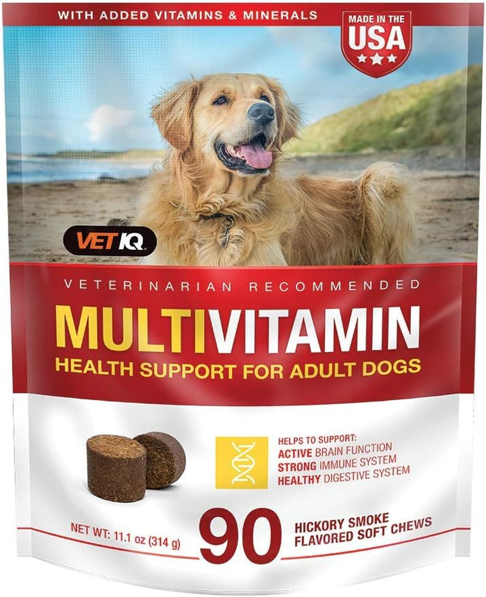 VetIQ Multivitamin Supplement for Dogs, Supports Active Brain Function, Immune System, and Digestive System, Hickory Smoke Flavored Dog Multivitamin, Made in The USA, 60 Count