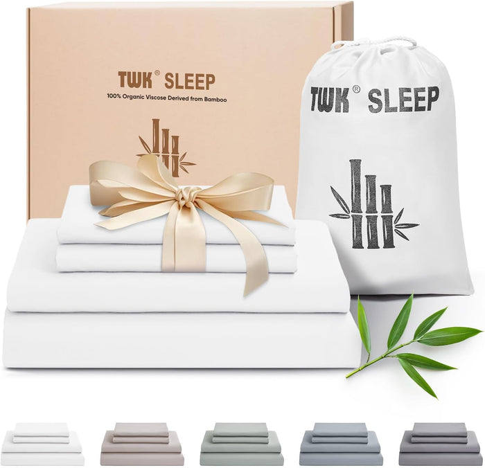 TWK Luxury Sheet Set, Genuine 100% Viscose Derived from Bamboo, Cooling & Breathable, Silky Soft, Bedding Sheets & Pillowcases (White, King(78 * 80 * 15))