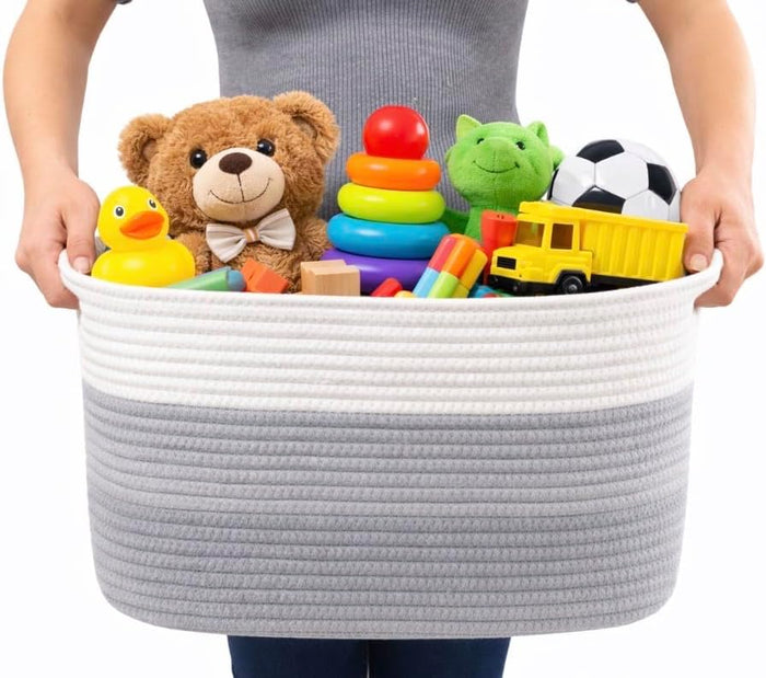 Basket, Set of 2 Medium Cotton Rope 15.3"x 9.8"x9.6" Woven Storage Basket for Baby Laundry, Blankets & Toys, Deco Rope Basket with Side Handle Slots for Nursery, Bedroom & Home Organization - Set of 2