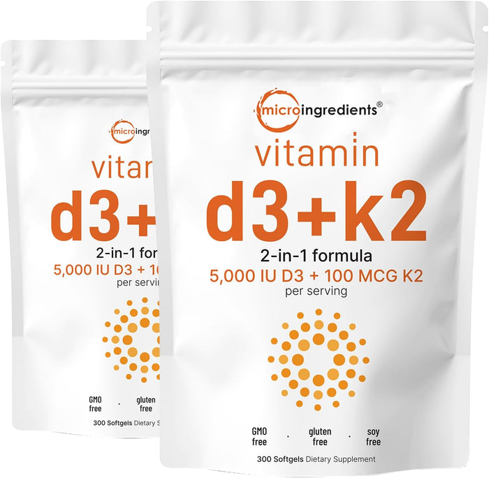 Micro Ingredients Vitamin D3 10,000 IU + K2 MK-7 200 mcg, 300 Softgels | Virgin Coconut Oil | 2-in-1 Bone, Immune & Heart Support | Easy to Swallow, Non-GMO