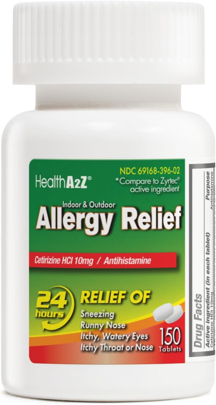 HealthA2Z® Allergy Relief | Cetirizine 10mg | All Day Allergy Relief | Indoor & Outdoor | Relief from Itchy Throat, Sneezing, Runny Noses (300 Count (Pack of 1))