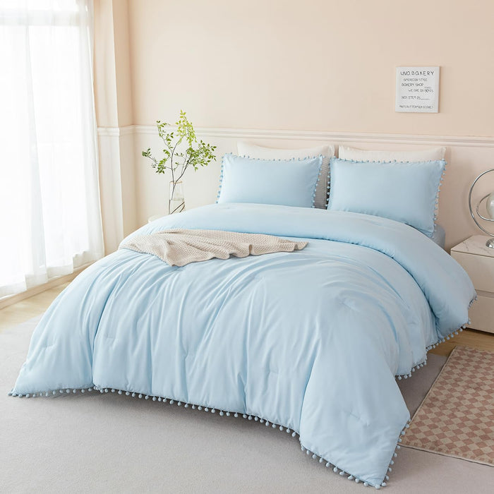 PERFEMET 5 Pcs Pink Pom Pom Comforter Twin Size Aesthetic Boho Pom Fringe Bedding Set with Sheet Ultra Soft Lightweight Farmhouse Bedding Quilt Set for Girls Kids(Pink, Twin)